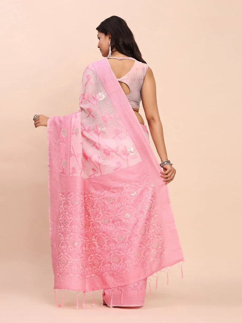 Light Pink Linen Cotton Saree With Blouse Piece - EZBER
