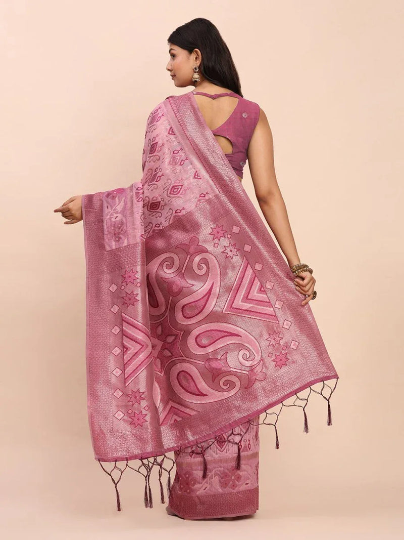 Light Pink Linen Cotton Saree With Blouse Piece - EZBER