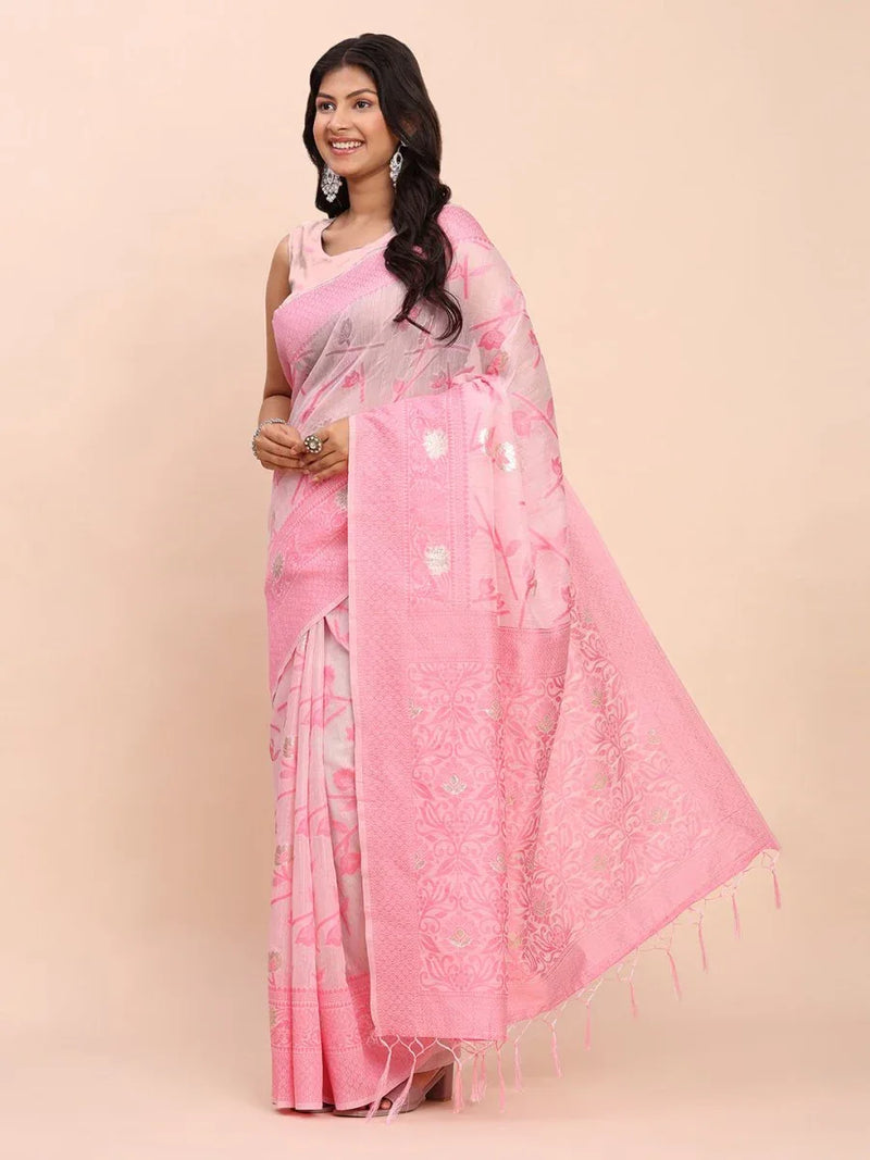 Light Pink Linen Cotton Saree With Blouse Piece - EZBER