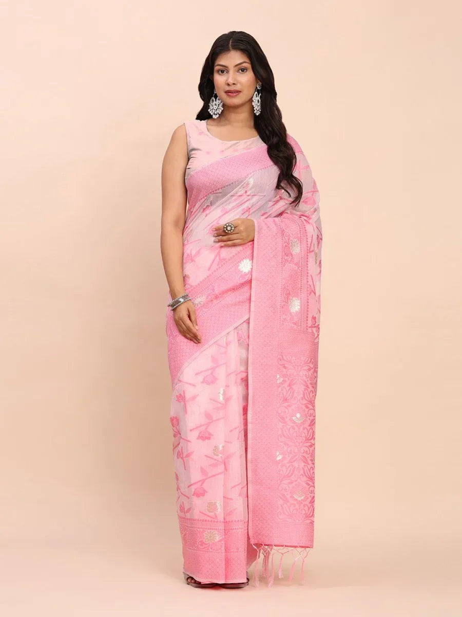 Light Pink Linen Cotton Saree With Blouse Piece - EZBER