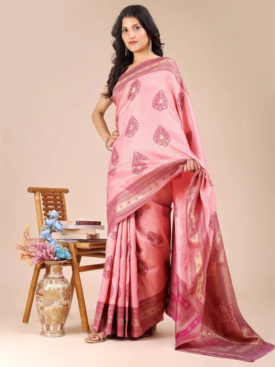 Light Pink & Magenta Banarasi Silk Saree With Blouse Piece - EZBER