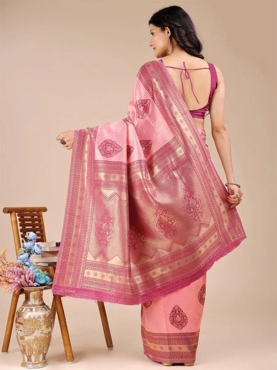 Light Pink & Magenta Banarasi Silk Saree With Blouse Piece - EZBER