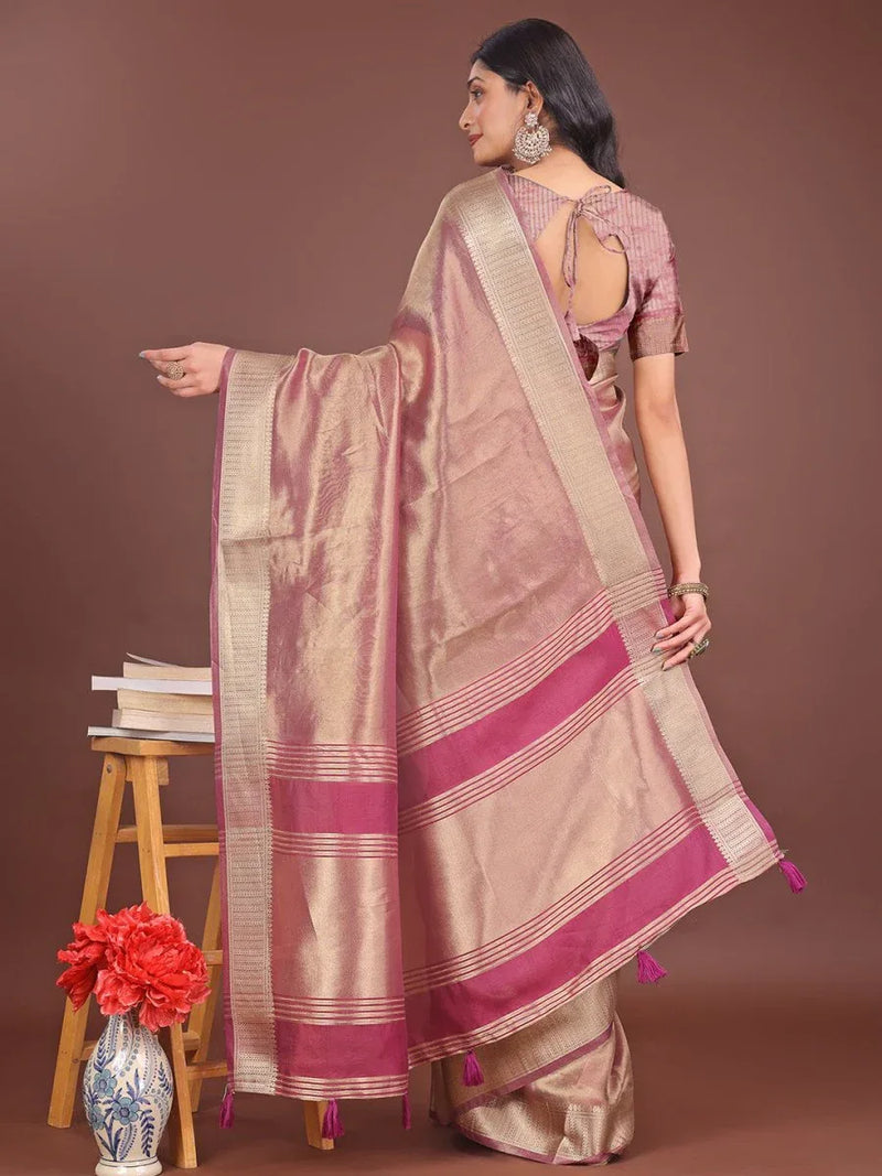 Light Pink Organza Saree With Blouse Piece - EZBER