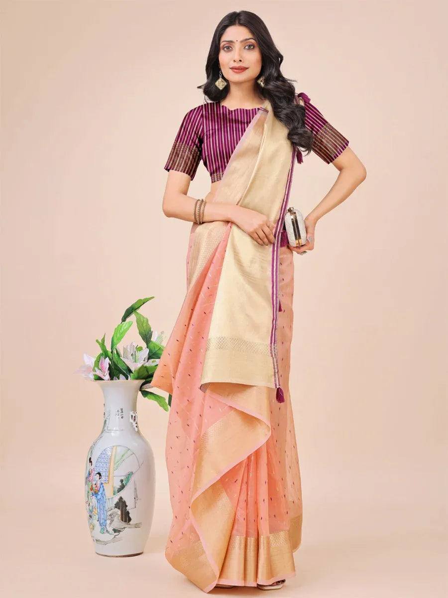 Light Pink Organza Saree With Blouse Piece - EZBER