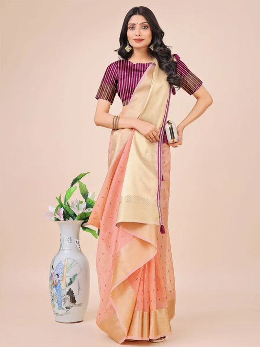 Light Pink Organza Saree With Blouse Piece - EZBER