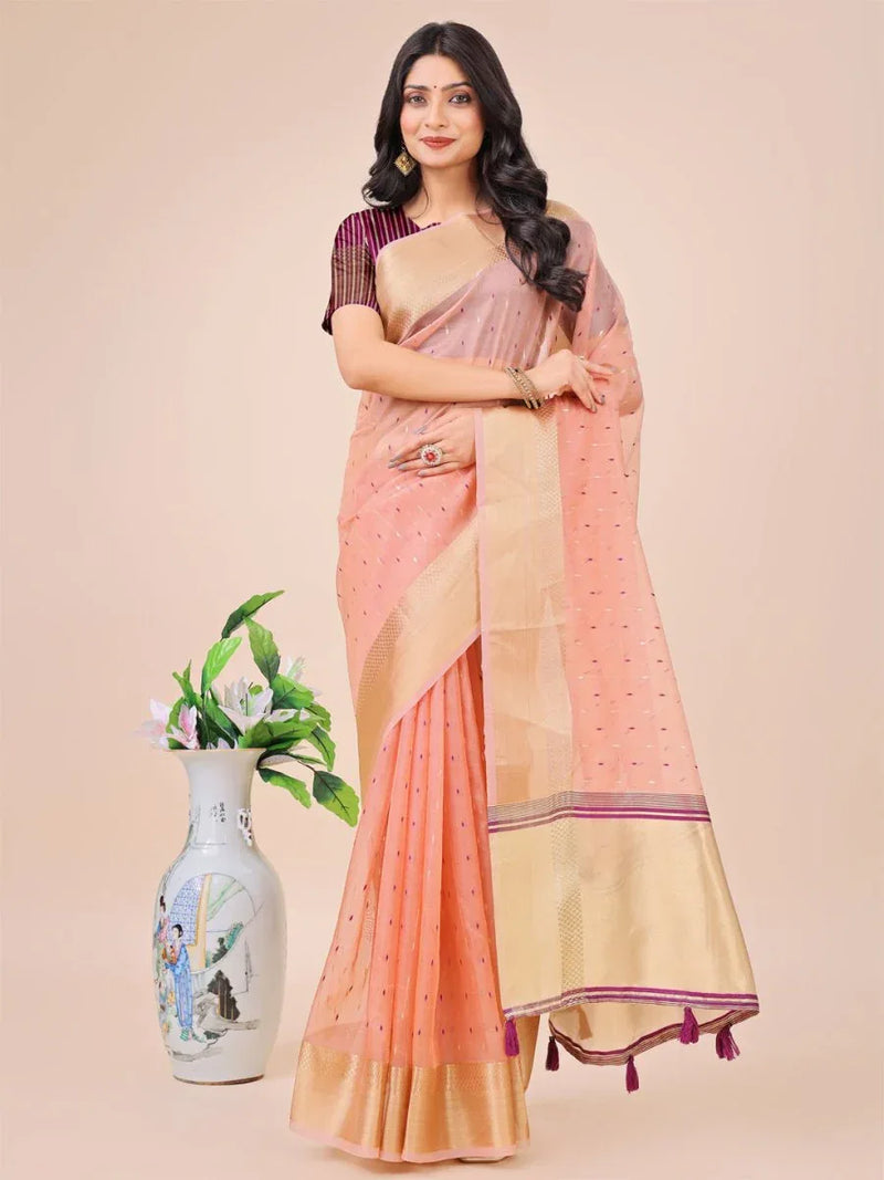 Light Pink Organza Saree With Blouse Piece - EZBER
