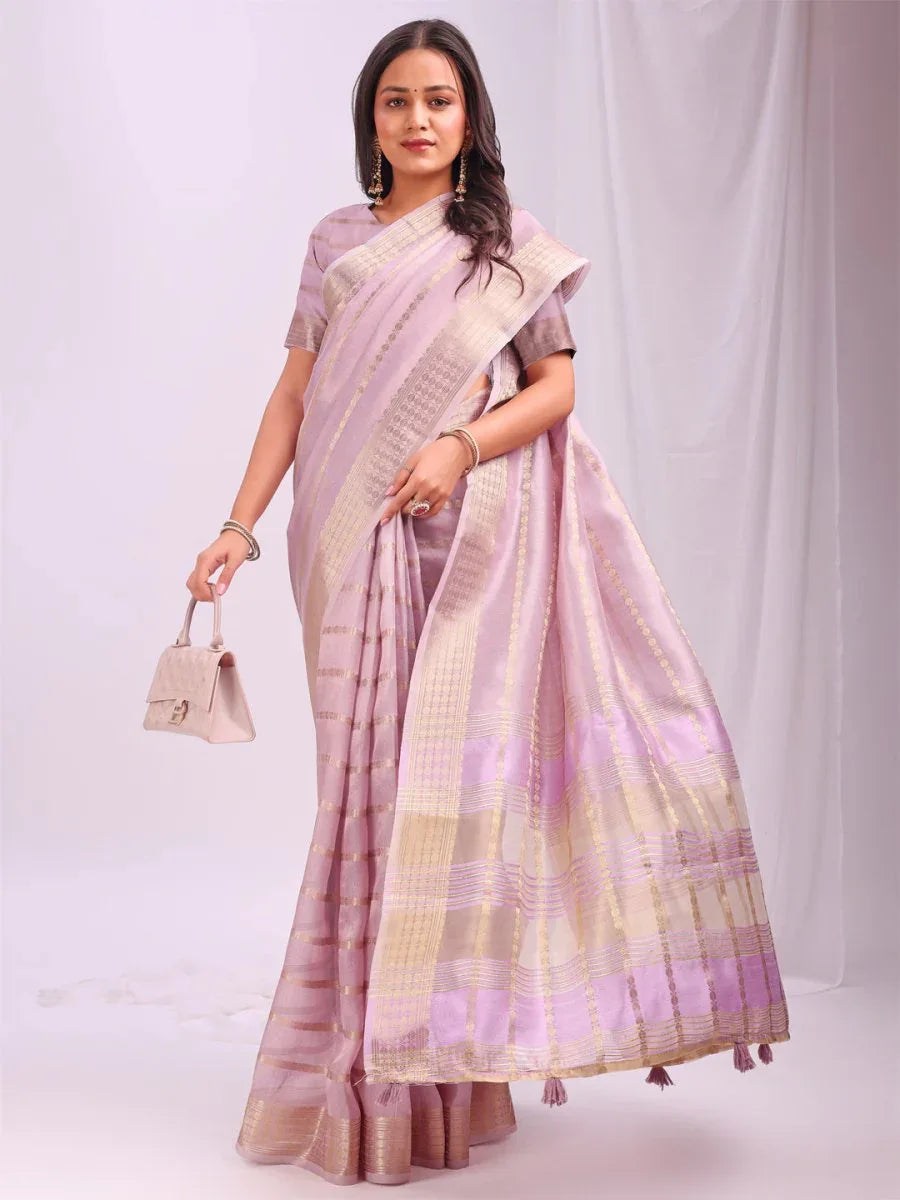 Light Pink PORTO Organza Saree with Blouse Piece - EZBER