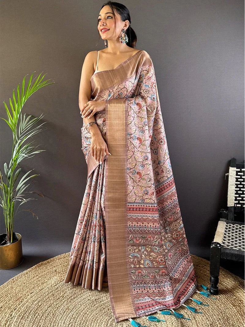 Light Pink Tussar Silk Saree With Blouse Piece - EZBER