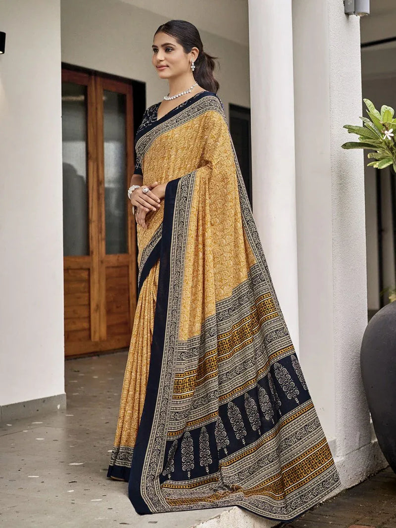Light Yellow Mulmul Cottons Saree With Blouse Piece - EZBER