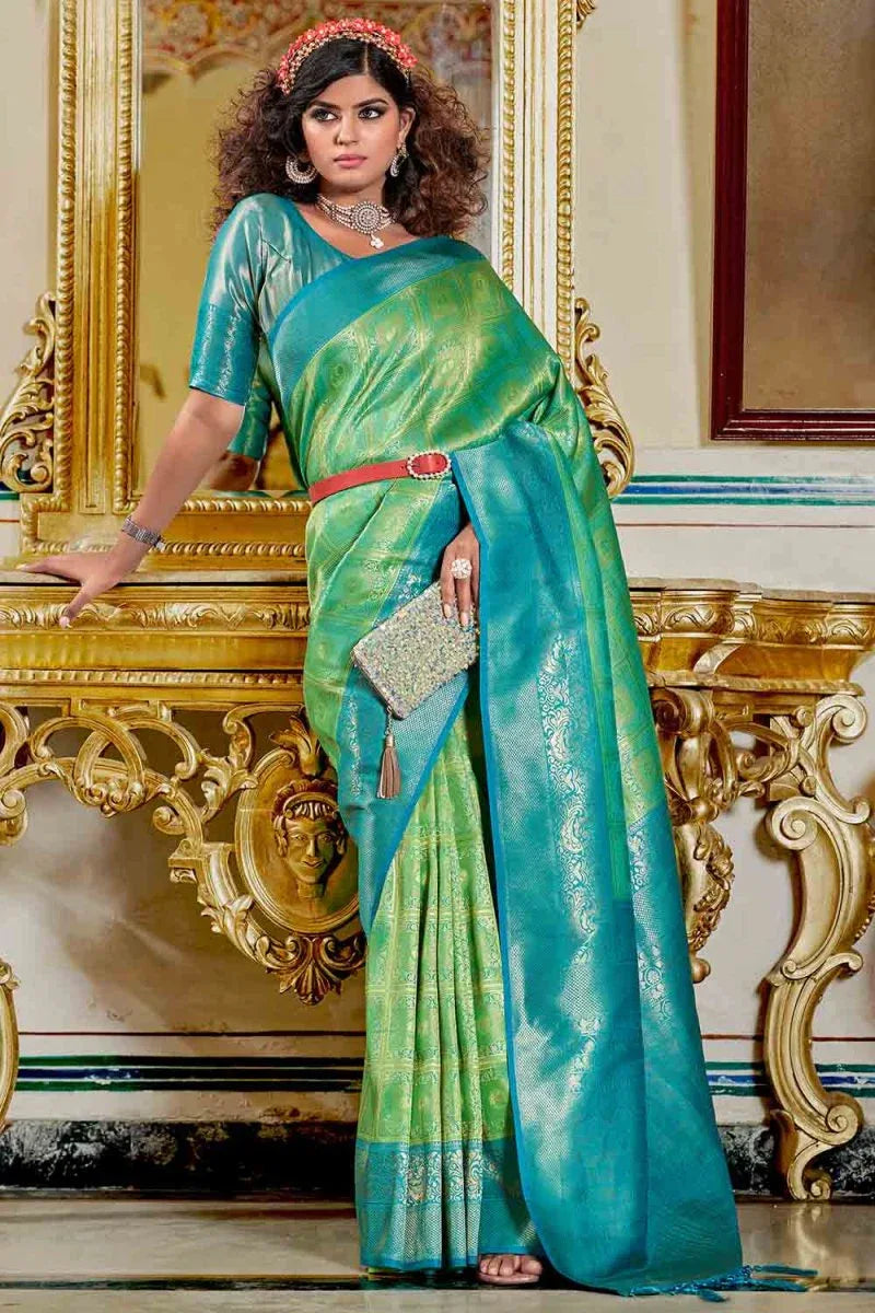 Lime Green And Blue Banarasi Saree - EZBER