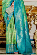 Lime Green And Blue Banarasi Saree - EZBER