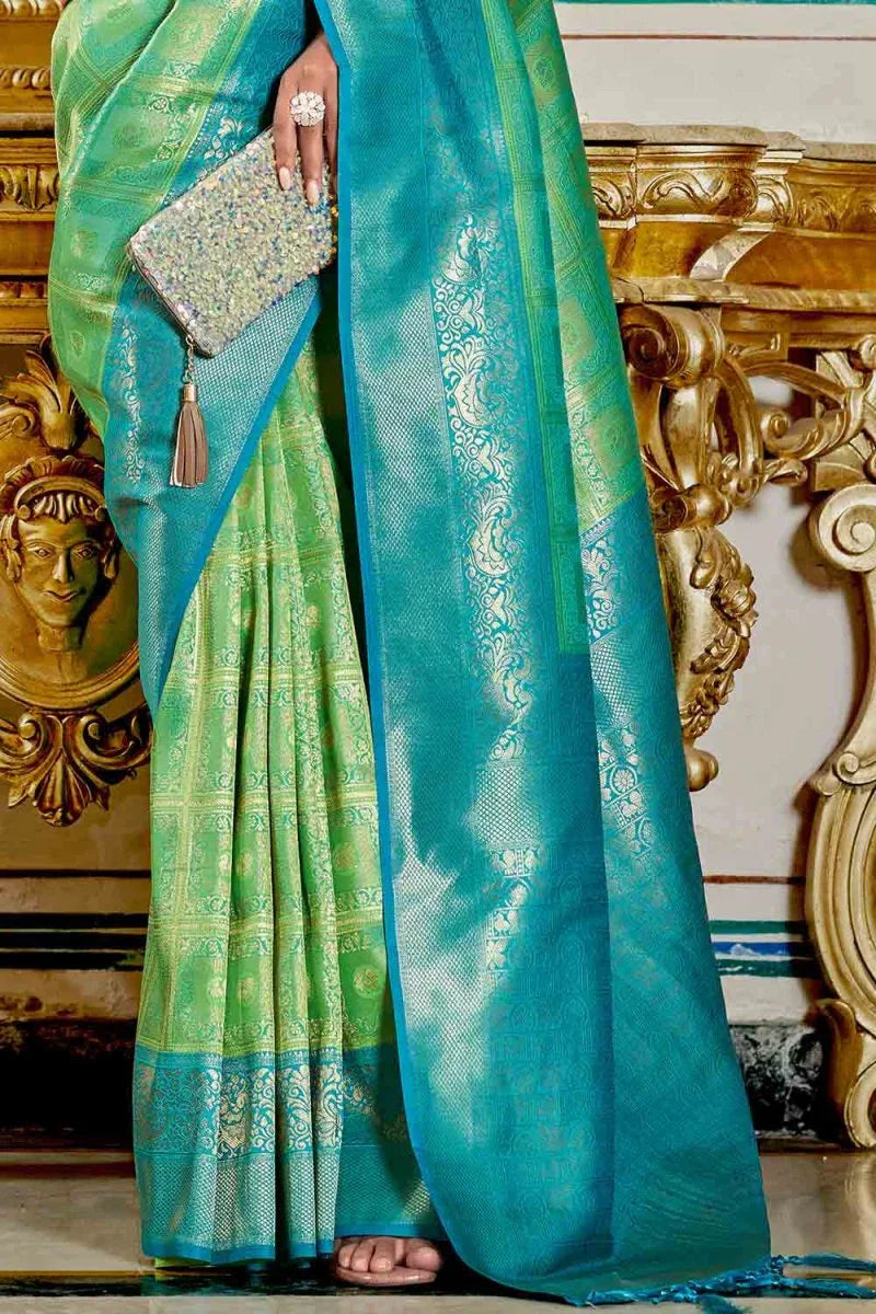 Lime Green And Blue Banarasi Saree - EZBER