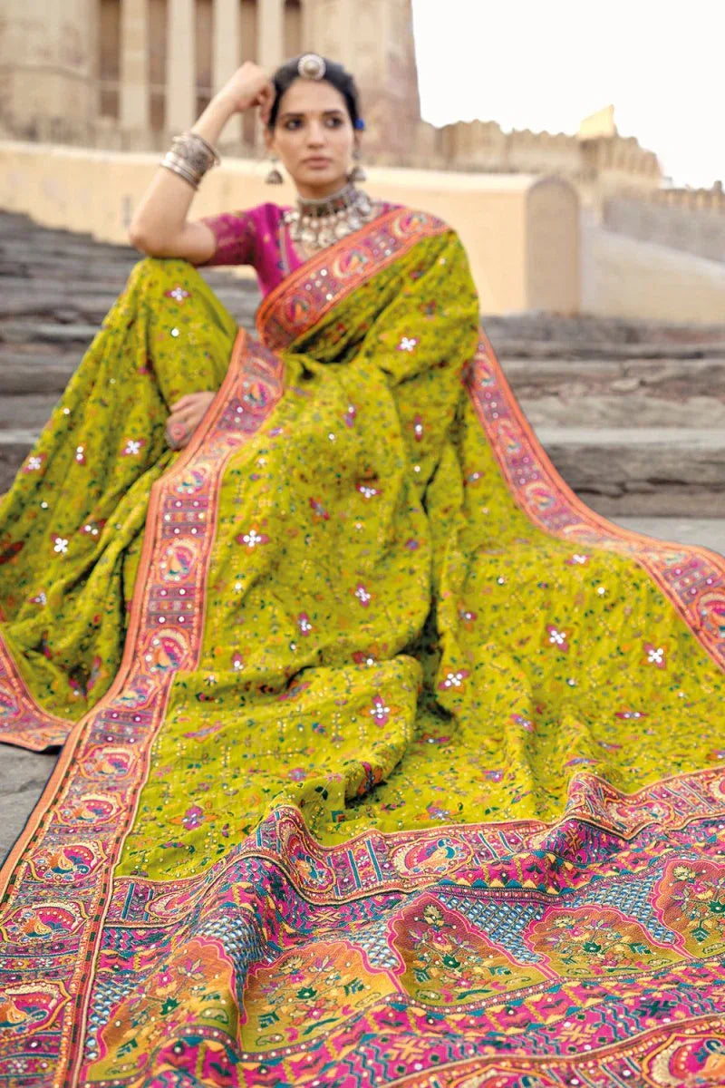 Lime Green Banarasi Saree - EZBER