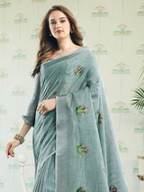 Linen Cotton Sea Green Handloom Saree | EZB SI04 SGAMY24002