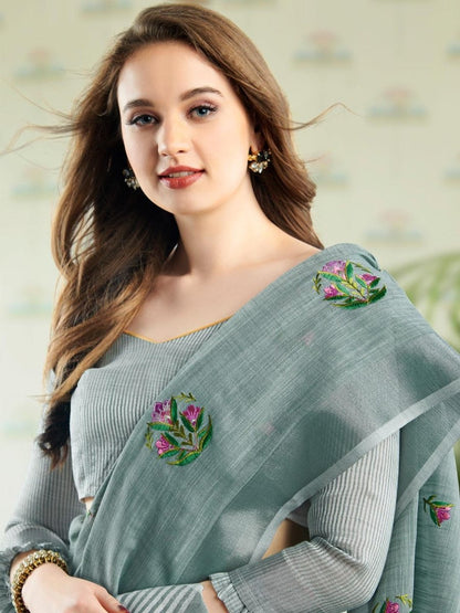 Linen Cotton Sea Green Handloom Saree | EZB SI04 SGAMY24002 - EZBER