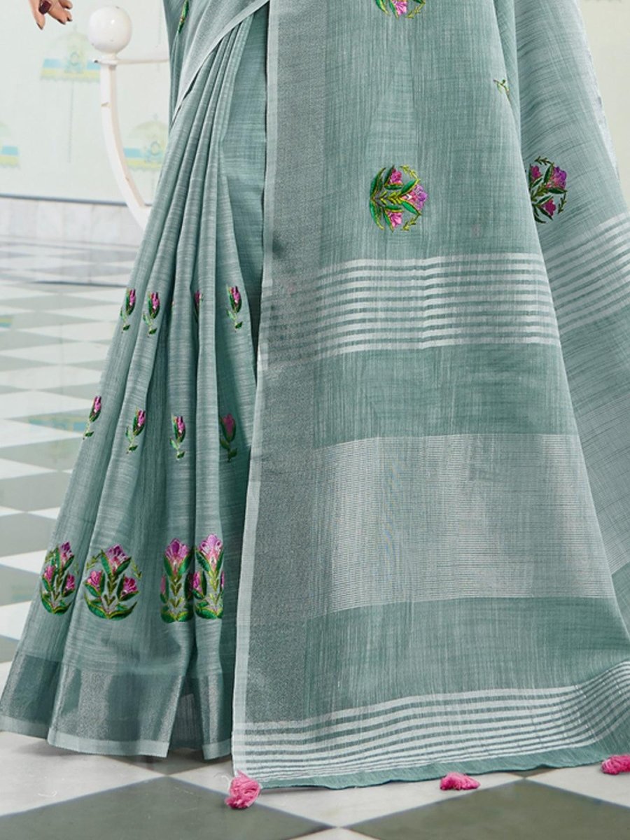 Linen Cotton Sea Green Handloom Saree | EZB SI04 SGAMY24002 - EZBER