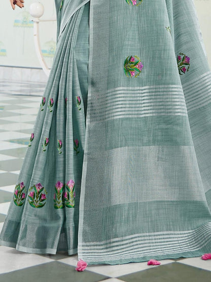 Linen Cotton Sea Green Handloom Saree | EZB SI04 SGAMY24002 - EZBER