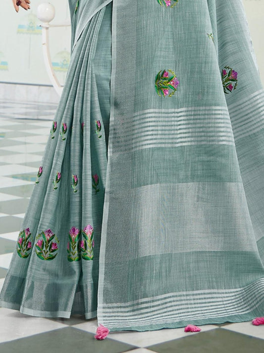 Linen Cotton Sea Green Handloom Saree | EZB SI04 SGAMY24002 - EZBER