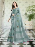 Linen Cotton Sea Green Handloom Saree | EZB SI04 SGAMY24002 - EZBER