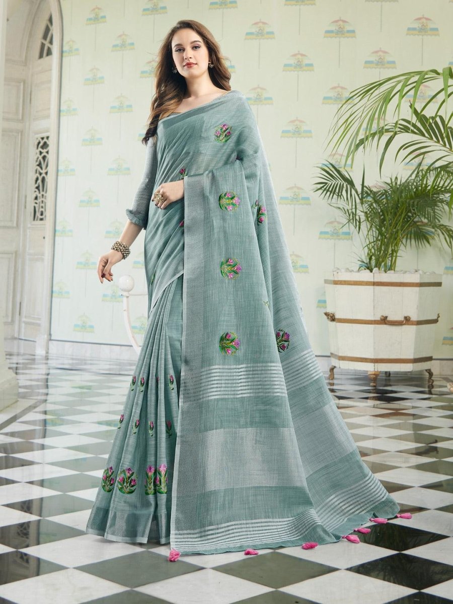 Linen Cotton Sea Green Handloom Saree | EZB SI04 SGAMY24002 - EZBER