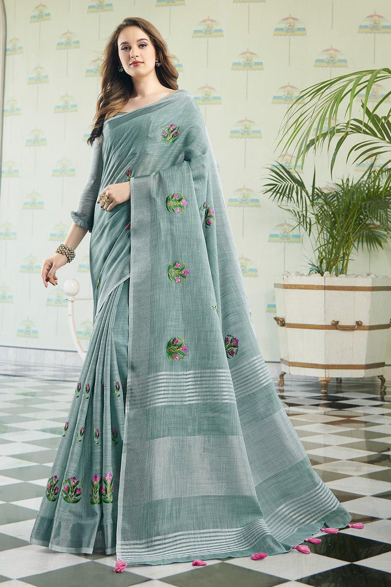 Abalone Grey Linen Blend Saree - EZBER