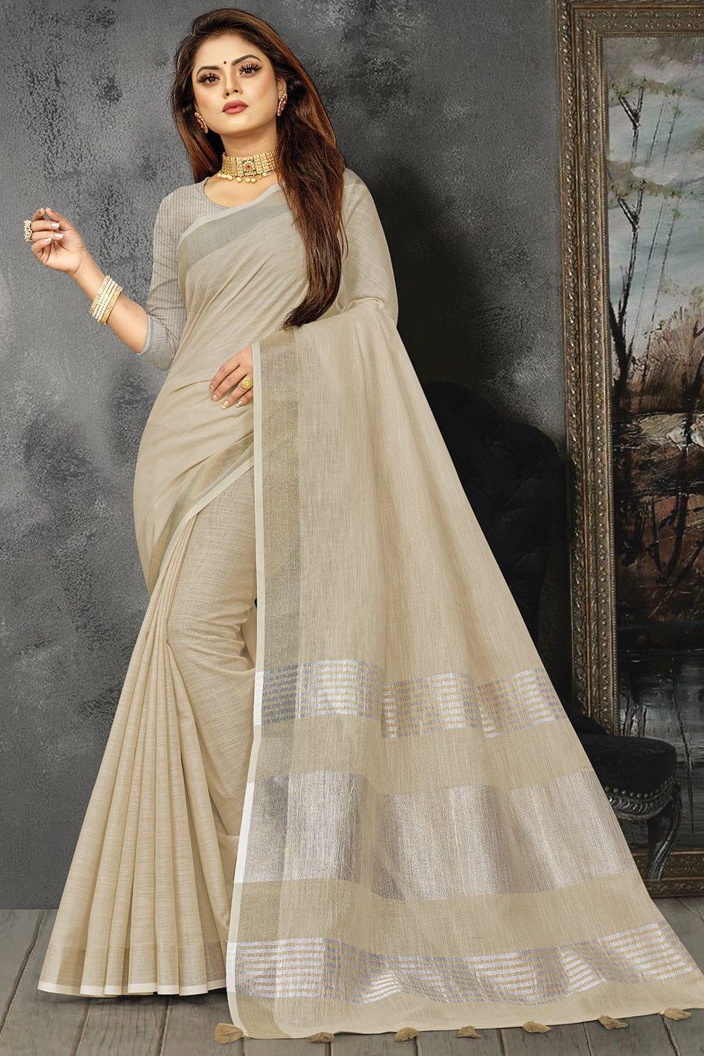 Beige Linen Blend Saree - EZBER