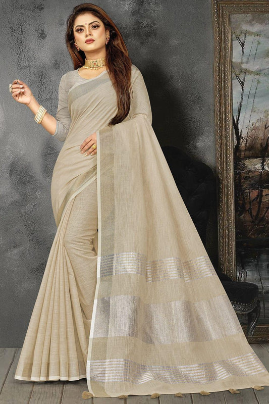 Beige Linen Blend Saree - EZBER