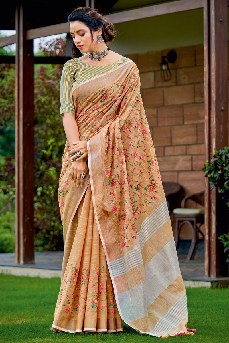 Beige Linen Blend Saree - EZBER