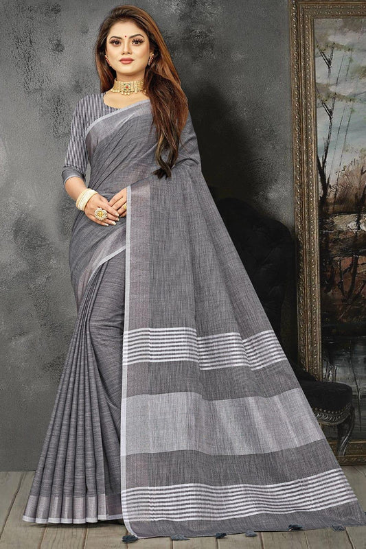 Charcoal Grey Linen Blend Saree - EZBER