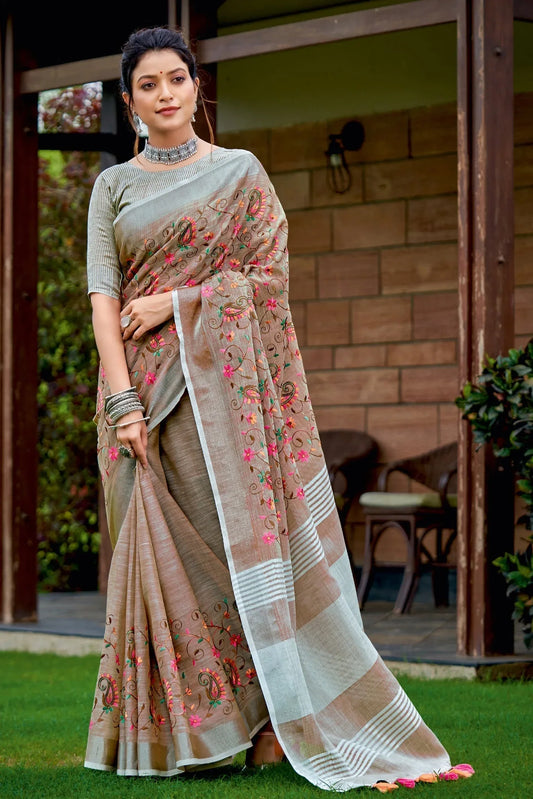 Fawn Brown Linen Blend Saree - EZBER