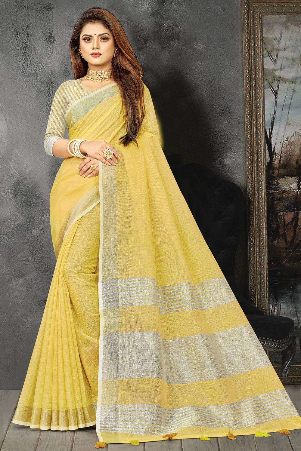 Lemon Yellow Linen Blend Saree - EZBER