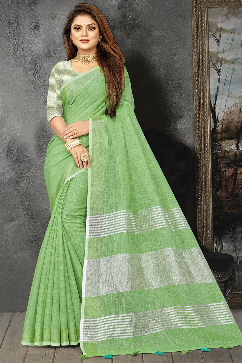 Mint Green Linen Blend Saree - EZBER