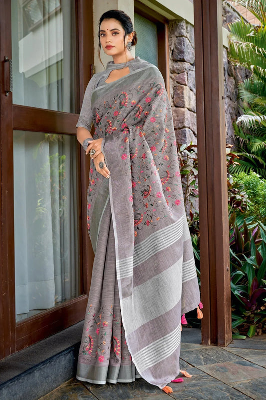 Pewter Grey Linen Blend Saree - EZBER