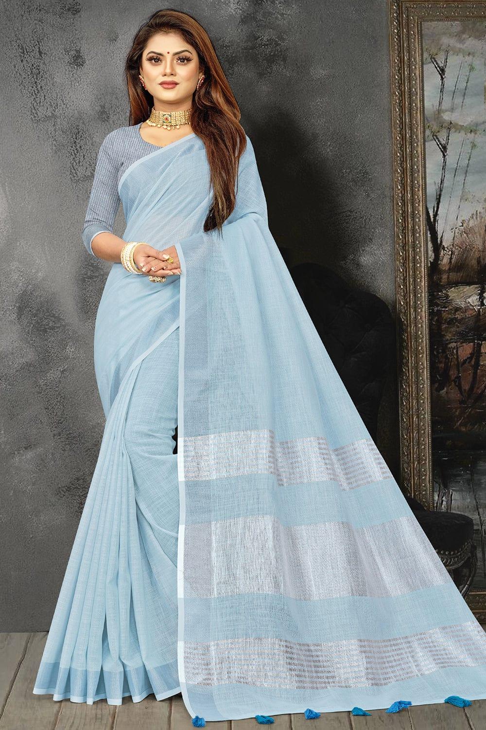 Sky Blue Linen Blend Saree - EZBER