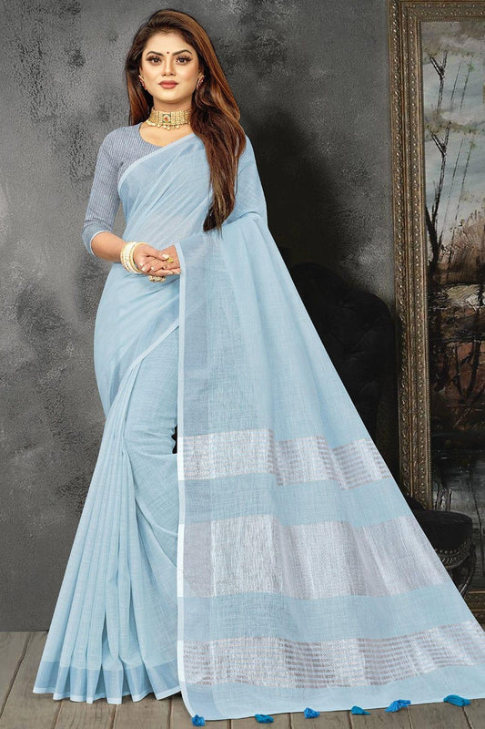 Sky Blue Linen Blend Saree - EZBER