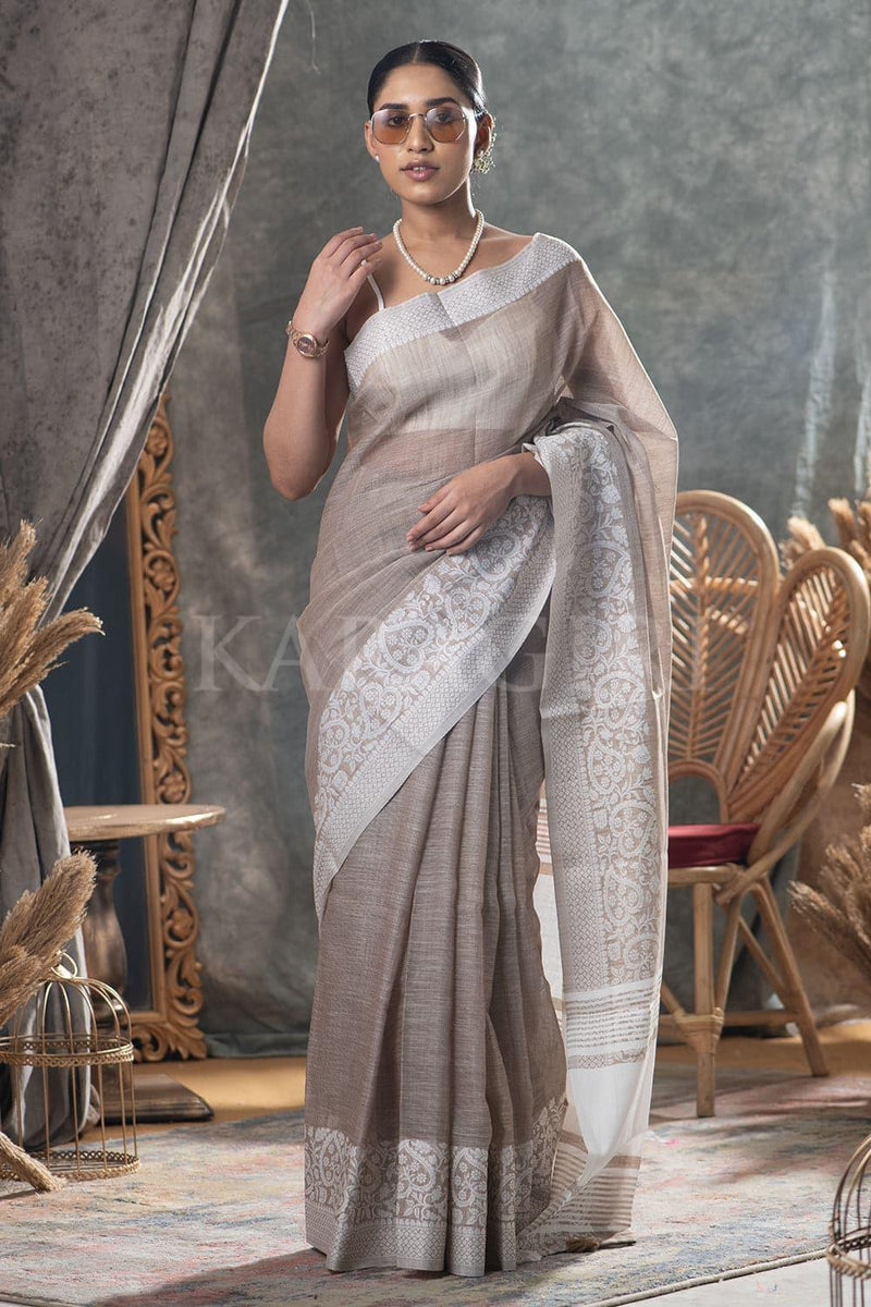 Tan Beige Linen Blend Saree - EZBER