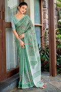 Teal Blue Linen Blend Saree - EZBER