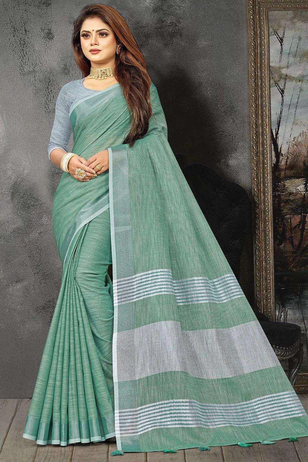 Teal Green Linen Blend Saree - EZBER