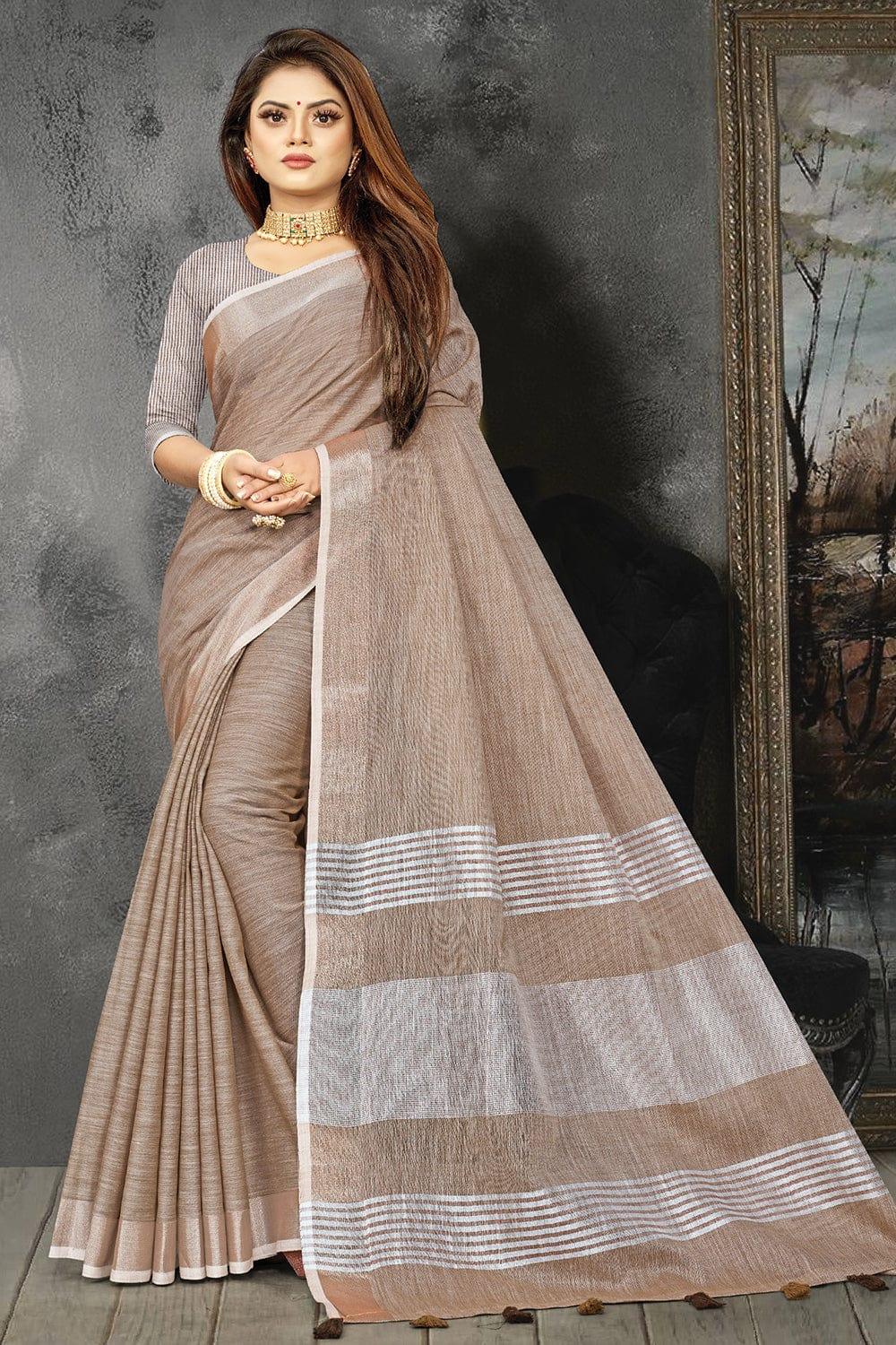 Warm Tan Beige Linen Blend Saree - EZBER