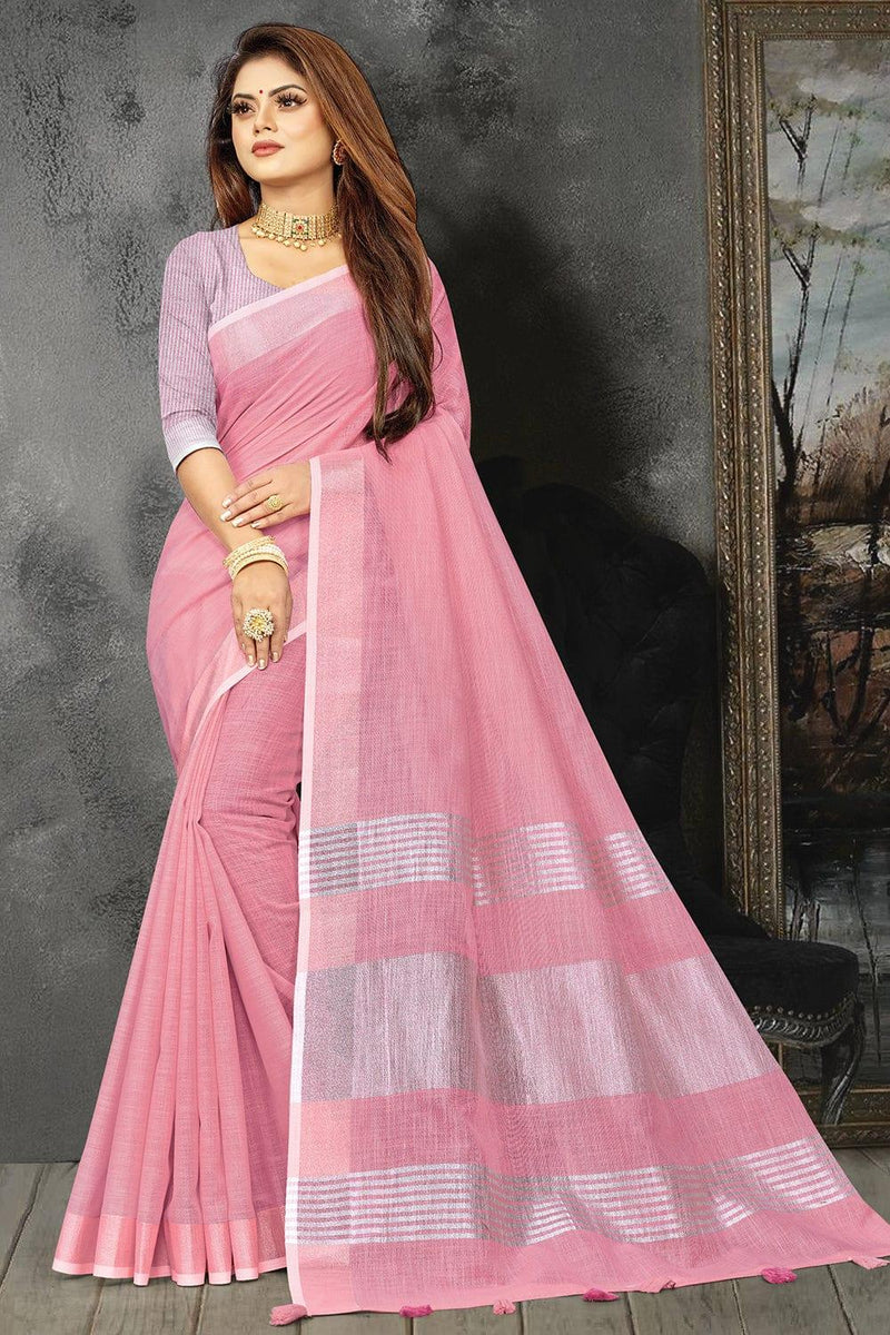 Watermelon Pink Linen Blend Saree - EZBER