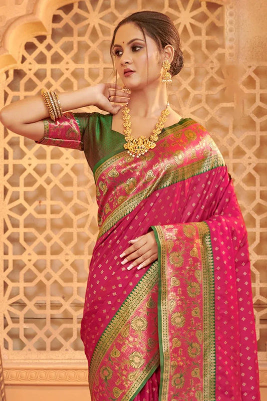 Magenta Banarasi Silk Saree With Blouse - EZBER