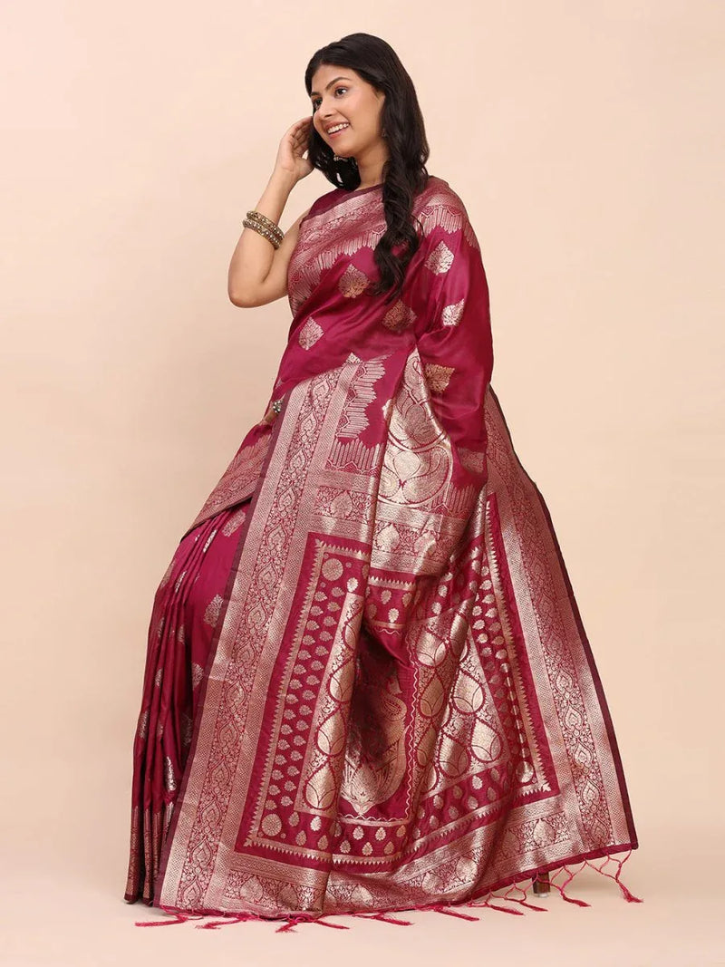 Magenta Banarasi silk Saree With Blouse Piece - EZBER