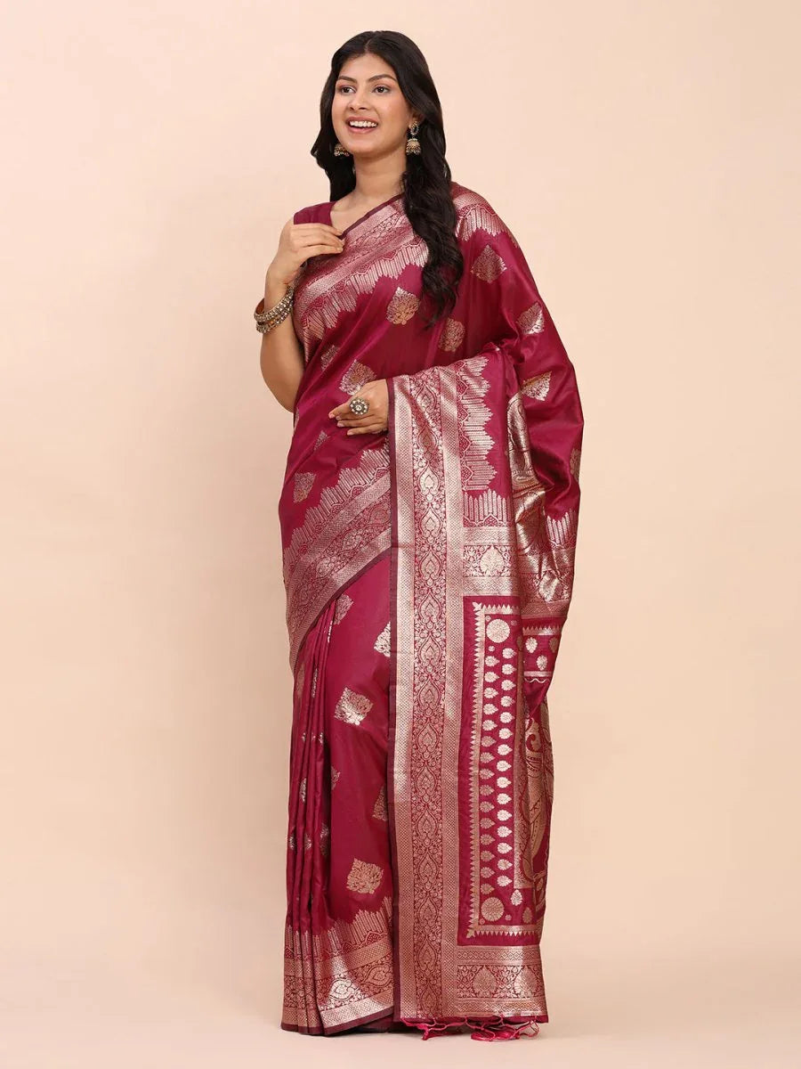Magenta Banarasi silk Saree With Blouse Piece - EZBER