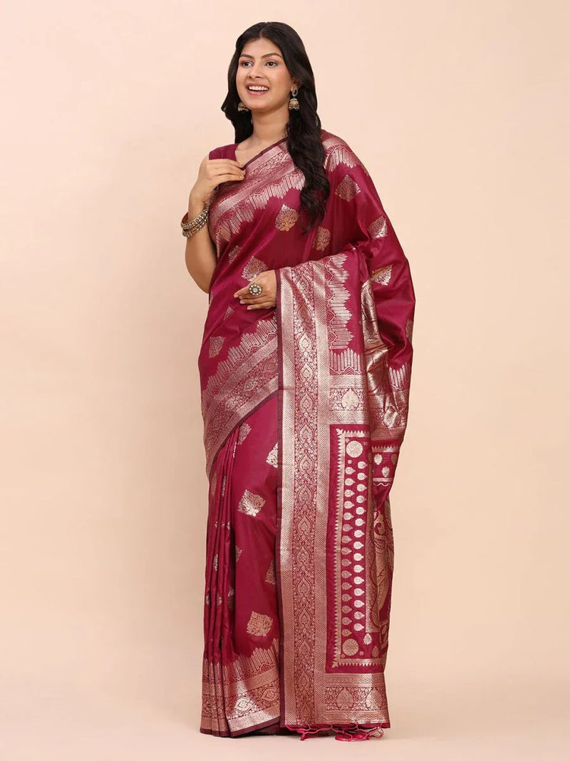 Magenta Banarasi silk Saree With Blouse Piece - EZBER