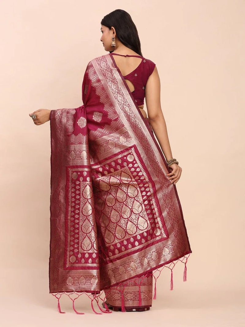 Magenta Banarasi silk Saree With Blouse Piece - EZBER