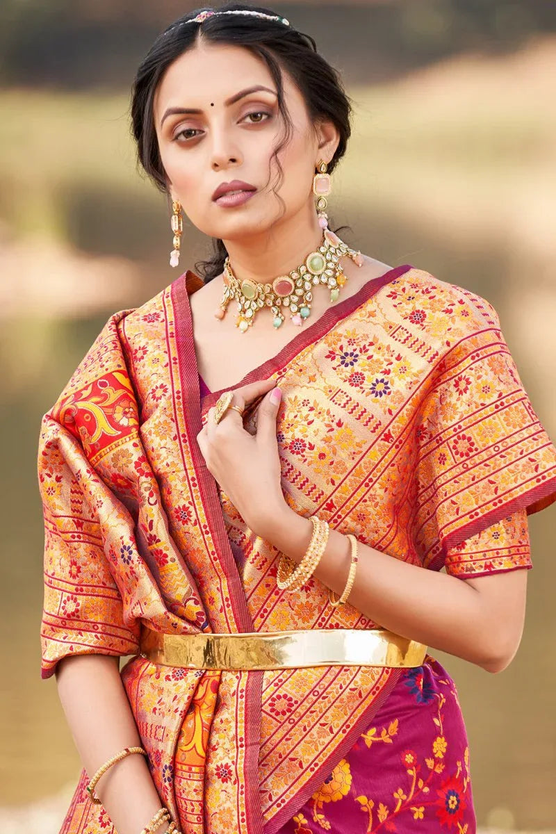 Magenta Pink Kalamkari Saree - EZBER