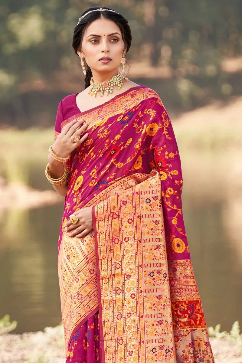 Magenta Pink Kalamkari Saree - EZBER