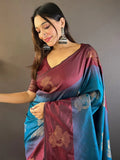 Maroon And Blue Soft Silk Saree With Blouse Piece - EZBER