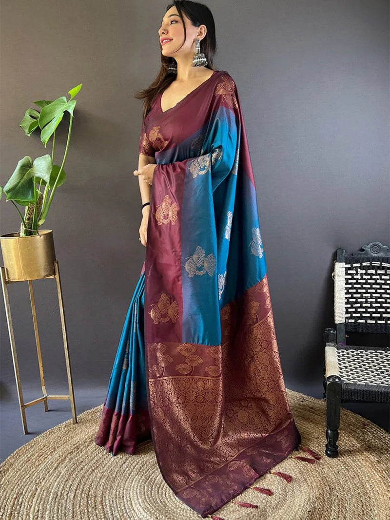 Maroon And Blue Soft Silk Saree With Blouse Piece - EZBER