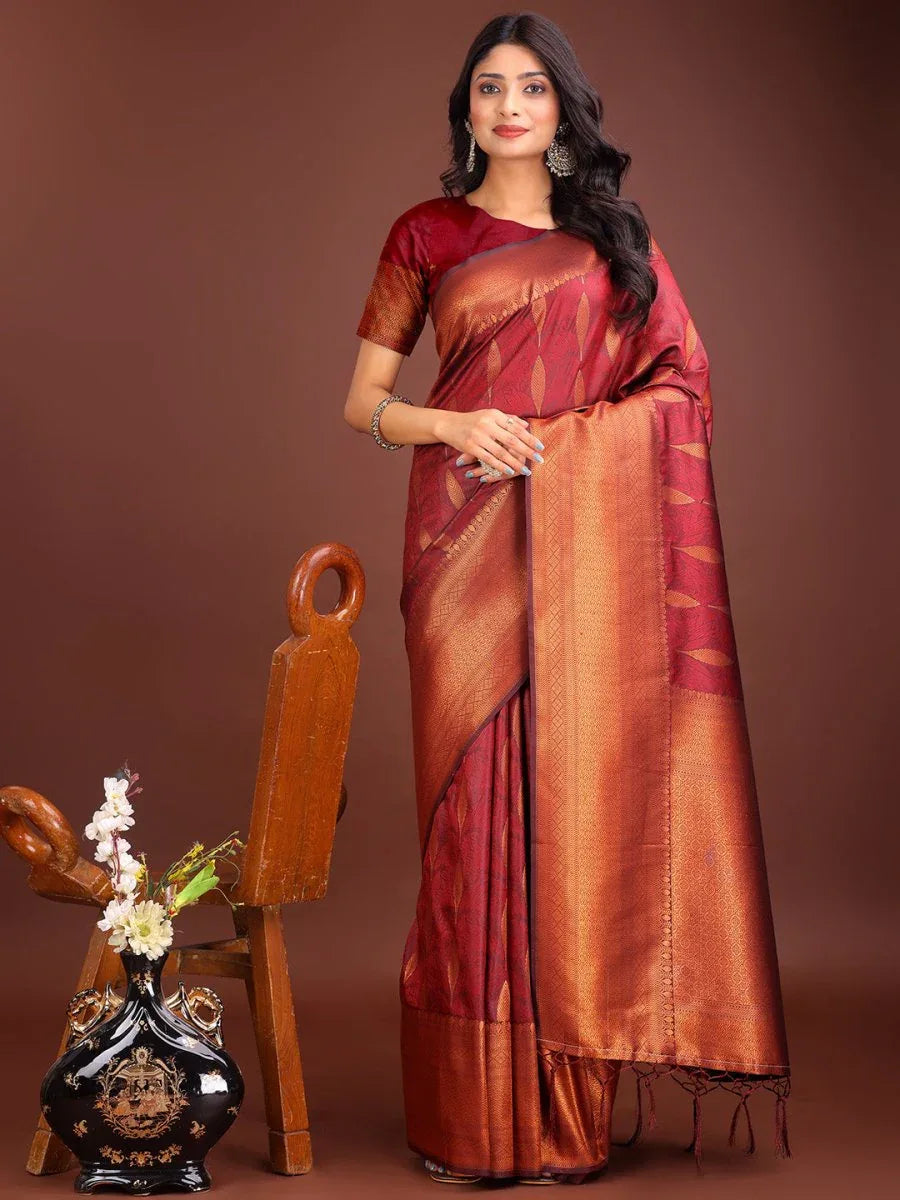 Maroon Banarasi silk Saree With Blouse Piece - EZBER